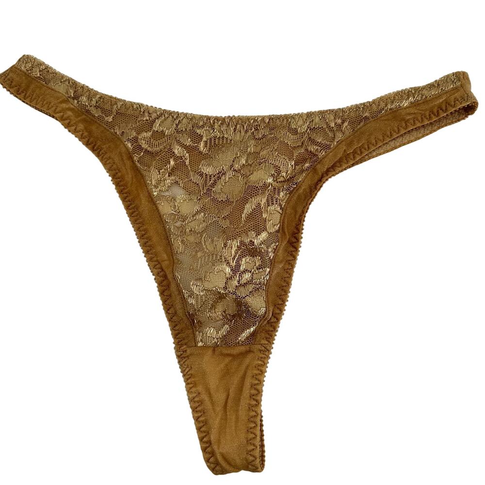 Vintage Victoria's Secret Floral Lace Thong Panty Underwear Stretch Gold Large